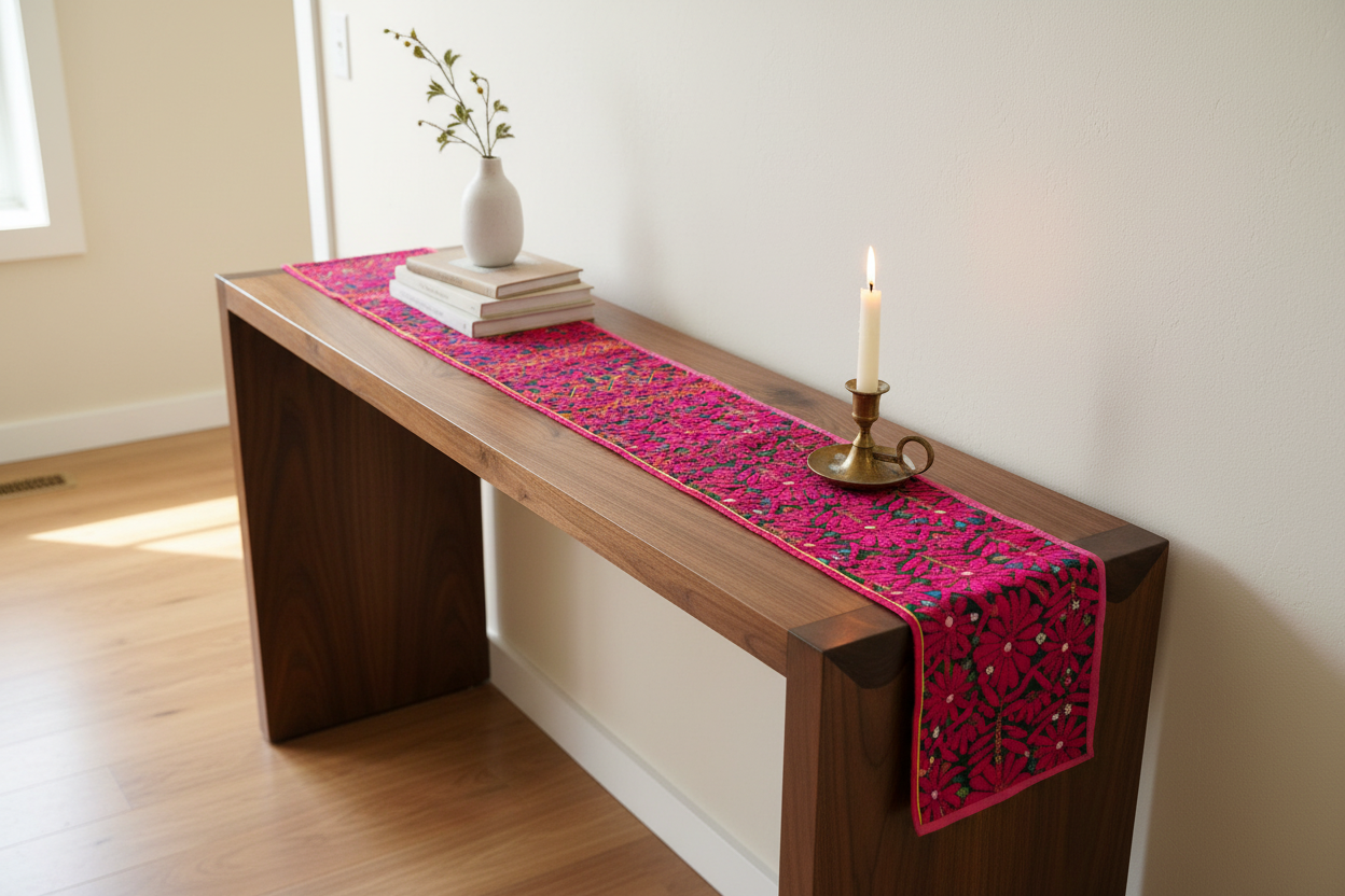 Kutchi embroidered pink runner on a console table with a candle stand and flower vase
