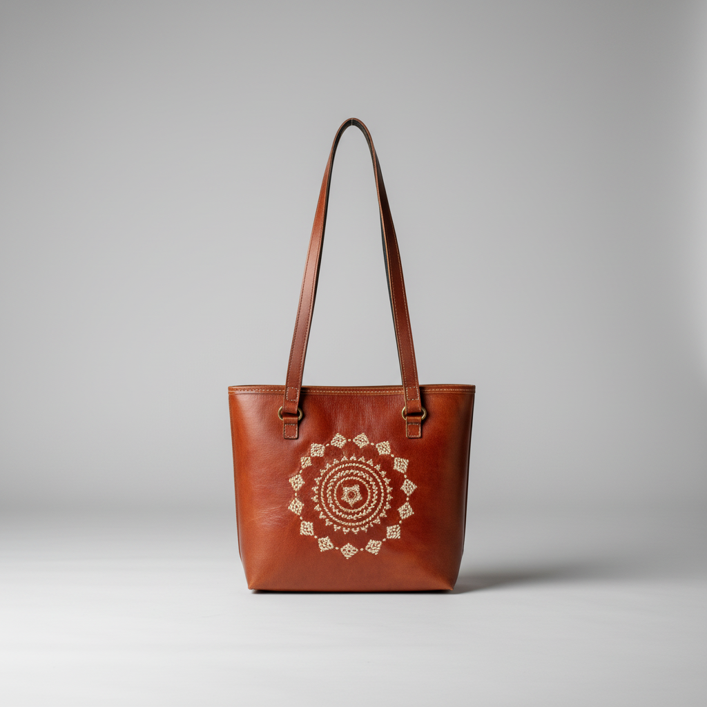 Brown leather Kutchi tote bag with a decorative pattern on a gray background