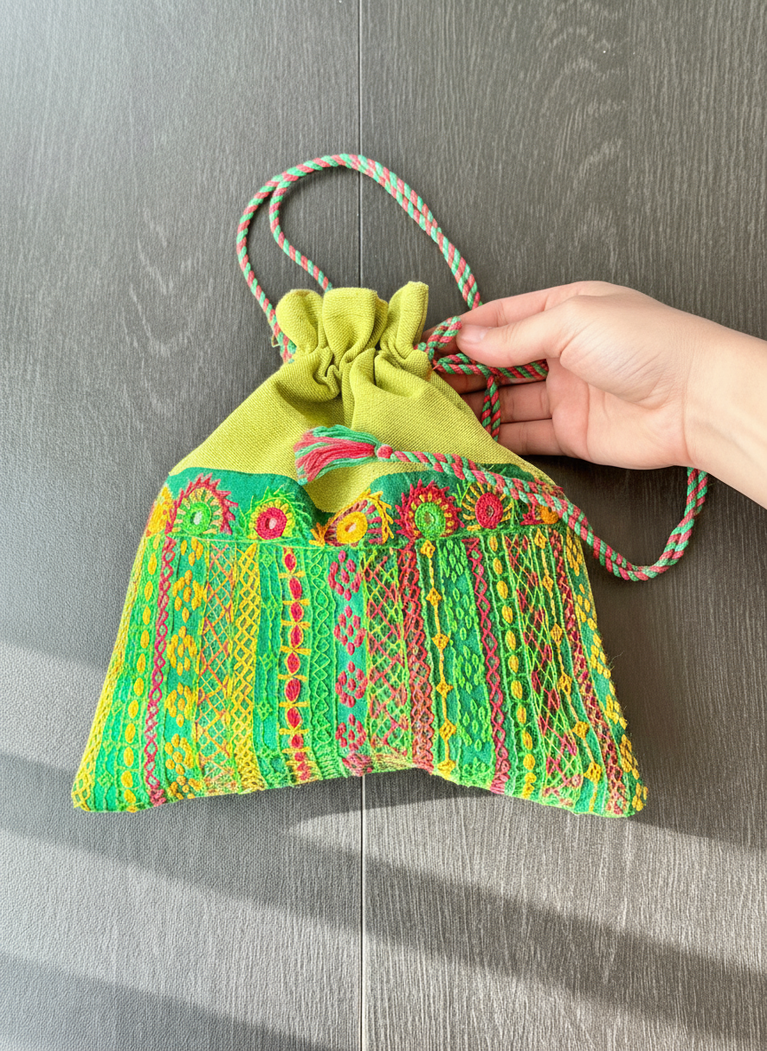 Hand holding a Green bag with intricate Lambani embroidery work