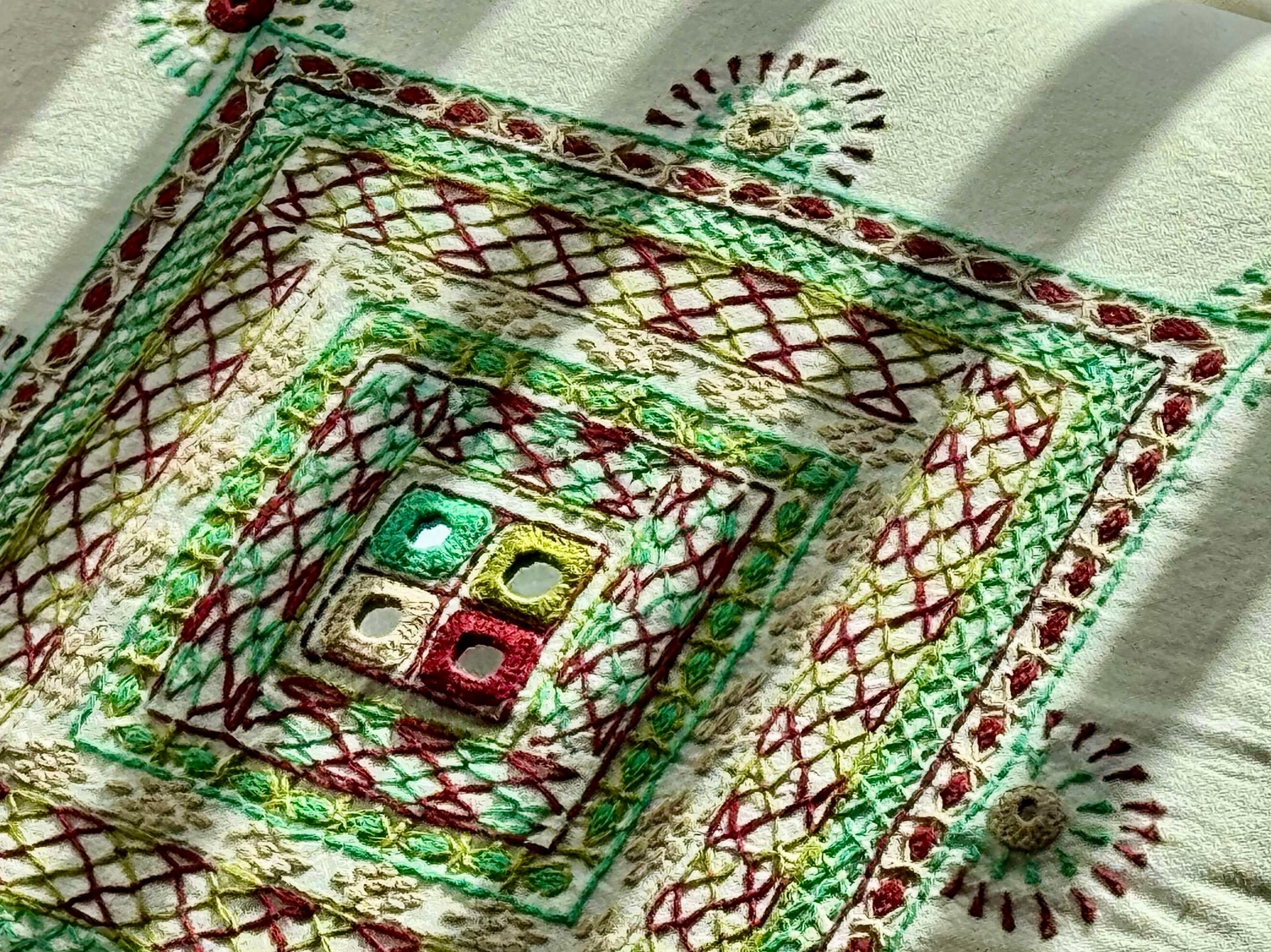 Close-up of an intricately Lambani embroidered fabric with geometric patterns.