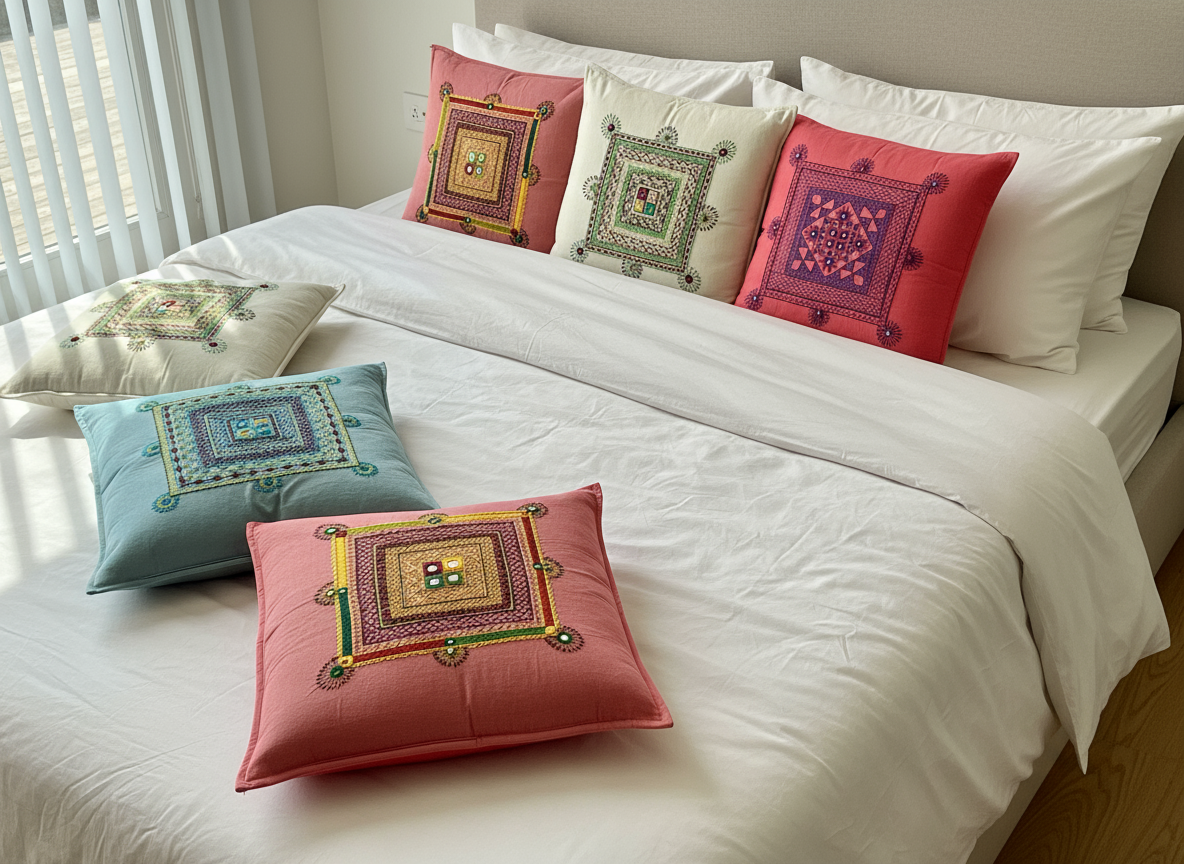Decorative pillows with intricate patterns on a bed with white bedding.