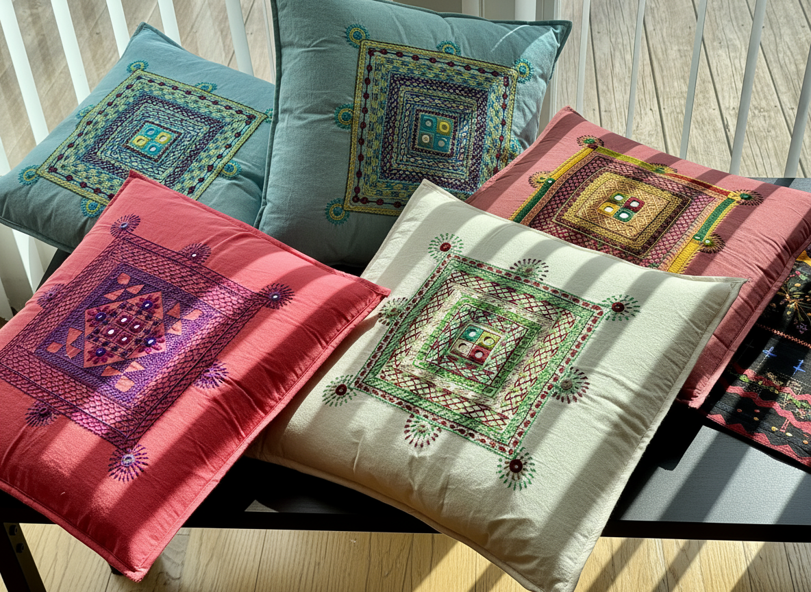 Set of embroidered cushions on a wooden surface