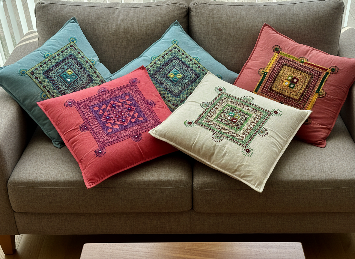 Decorative pillows with intricate patterns on a gray sofa