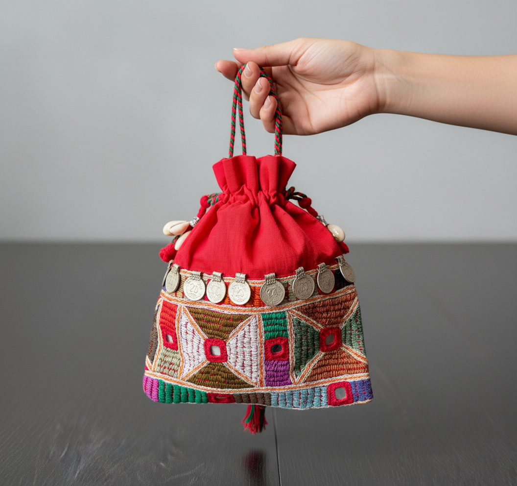Hand holding a red embroidered bag with coins on a gray background