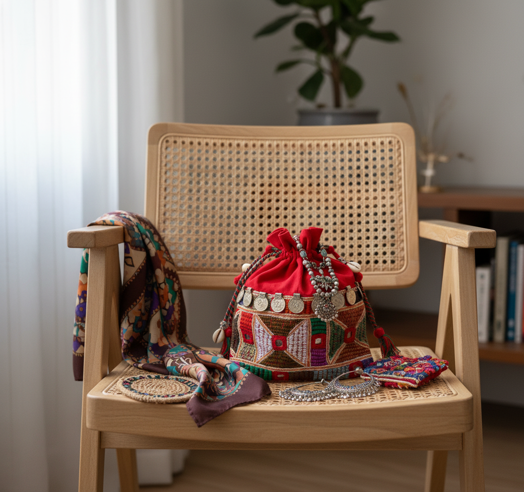 Decorative traditional bag with colorful patterns on a wooden chair in a room setting.