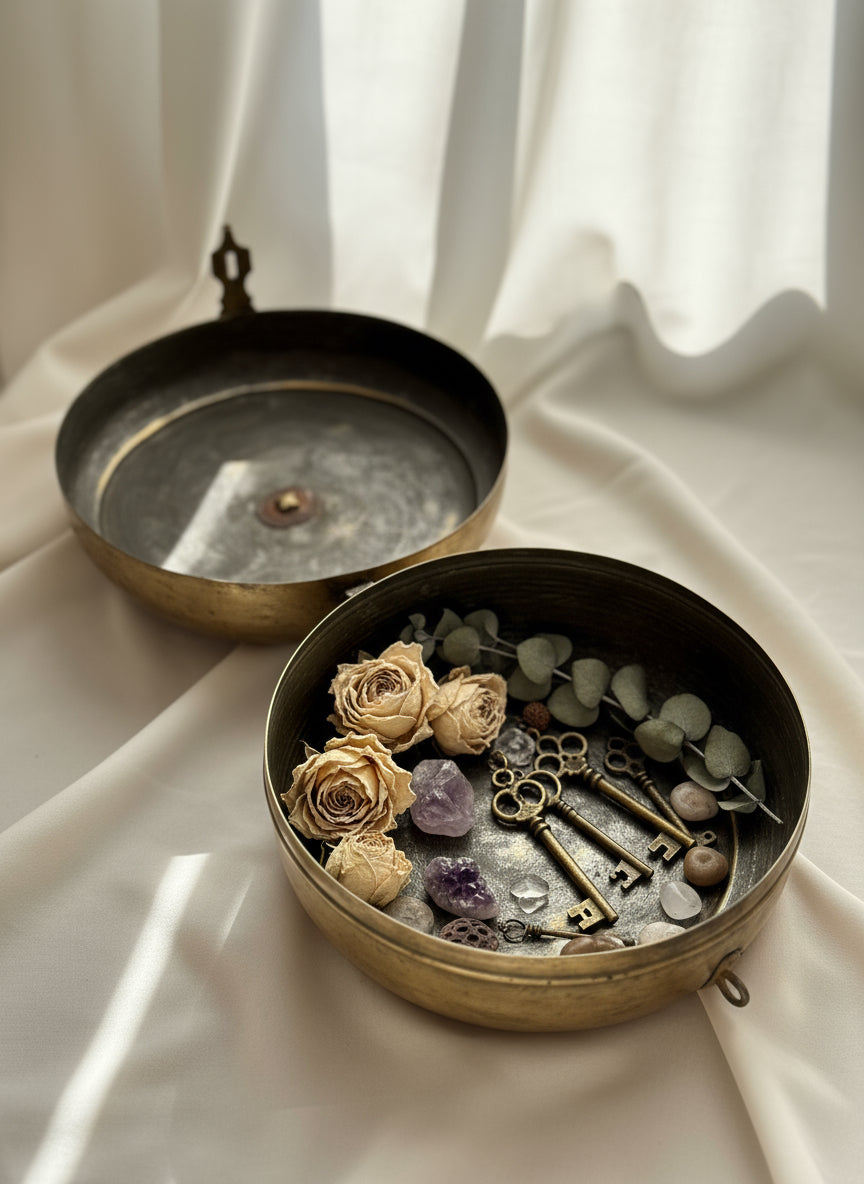 Large brass container with open lid on a textured surface on a dark surface with white vertical blinds in the background