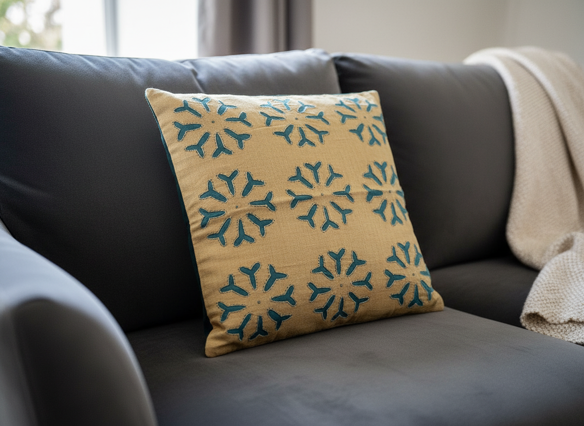 Decorative pillow with blue patterns on a gray sofa