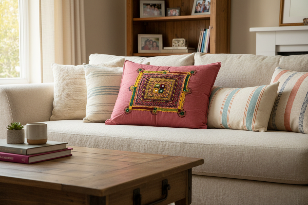 Decorative cushion cover with Lambani work embroidery on a beige sofa with a wooden coffee table in a living room setting.