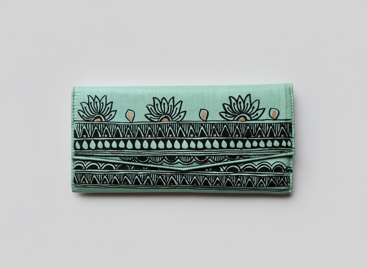 Teal fabric clutch bag with Madhubani hand painted three lotuses pattern on a woven brown background