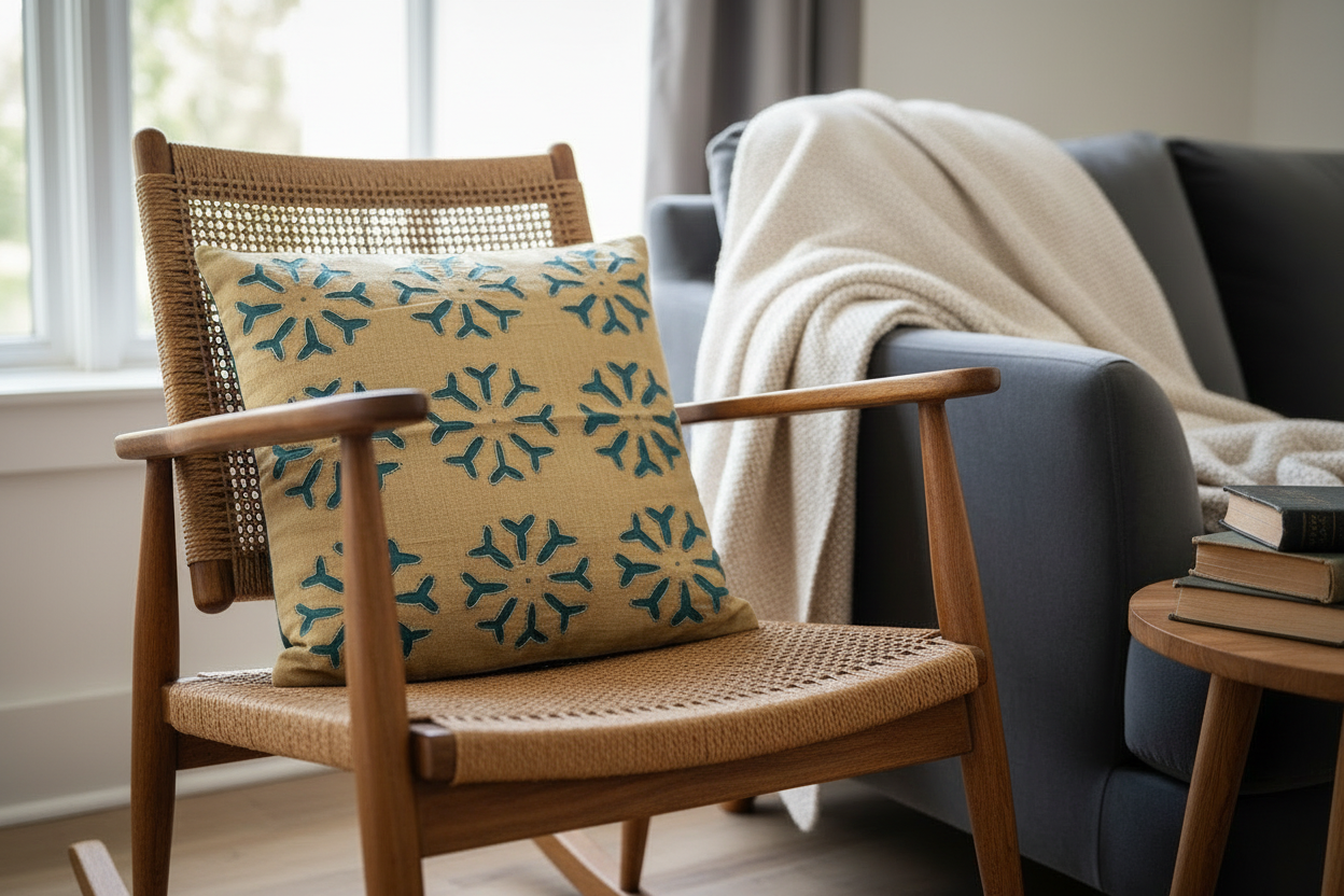 A light mustard Applique work cushion on a wood armchair with a gray sofa and ivory throw in the background.