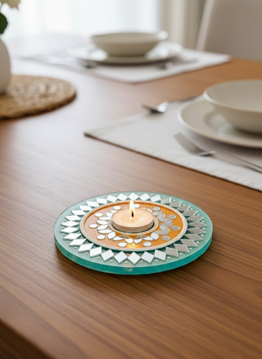 Decorative candle holder with a geometric pattern on a plain background