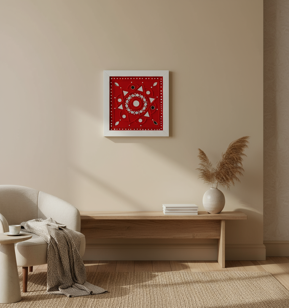 Living room with a red framed artwork on the wall, beige armchair, wooden coffee table, and decorative elements.