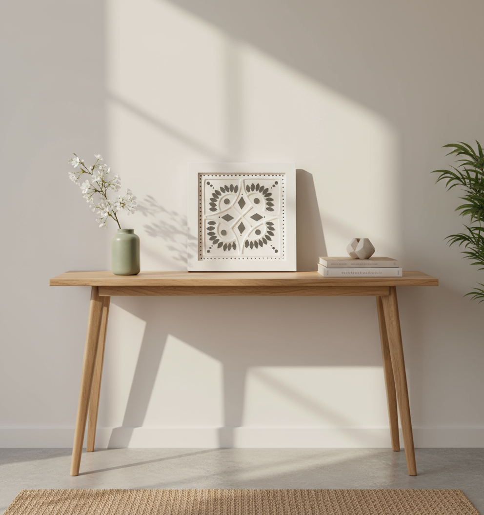 Wooden console table with decorative items against a light wall