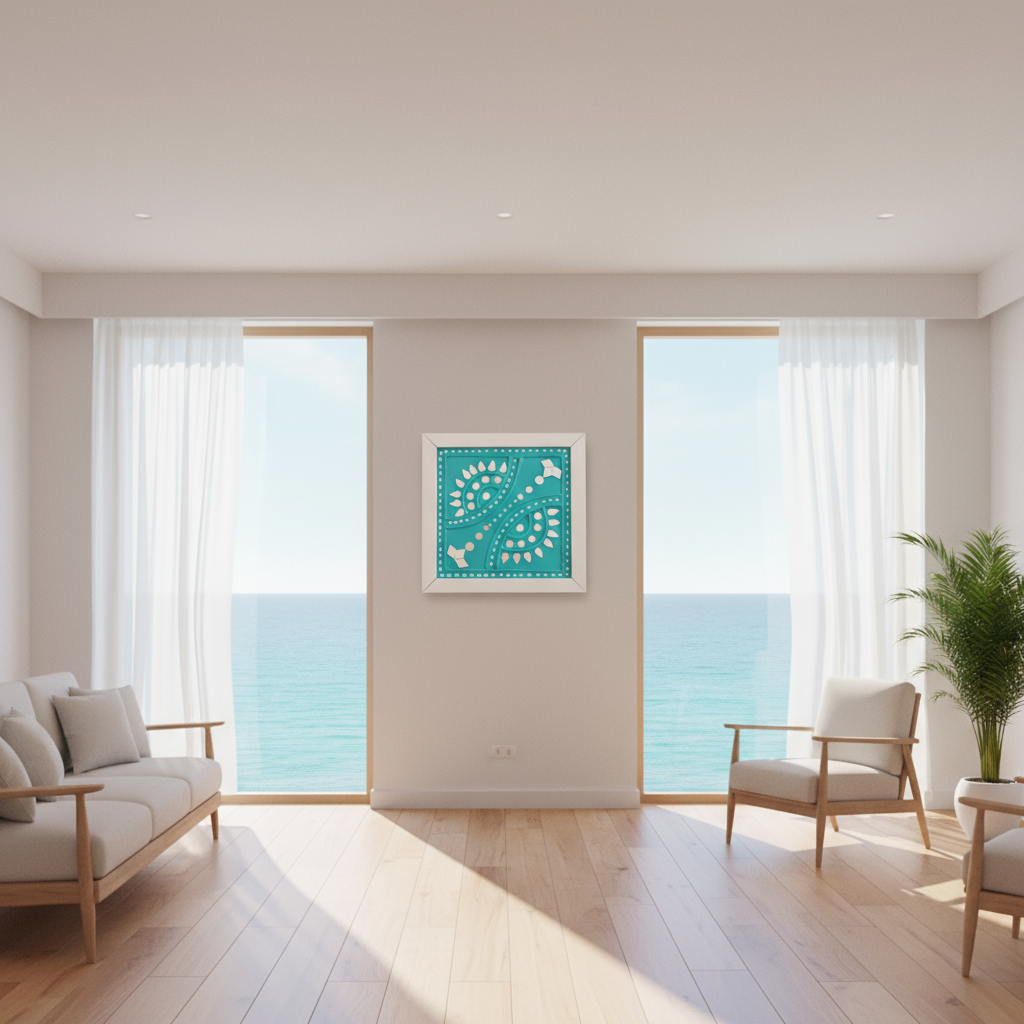 Modern living room with a large window view, a blue abstract artwork on the wall, and minimal furniture.