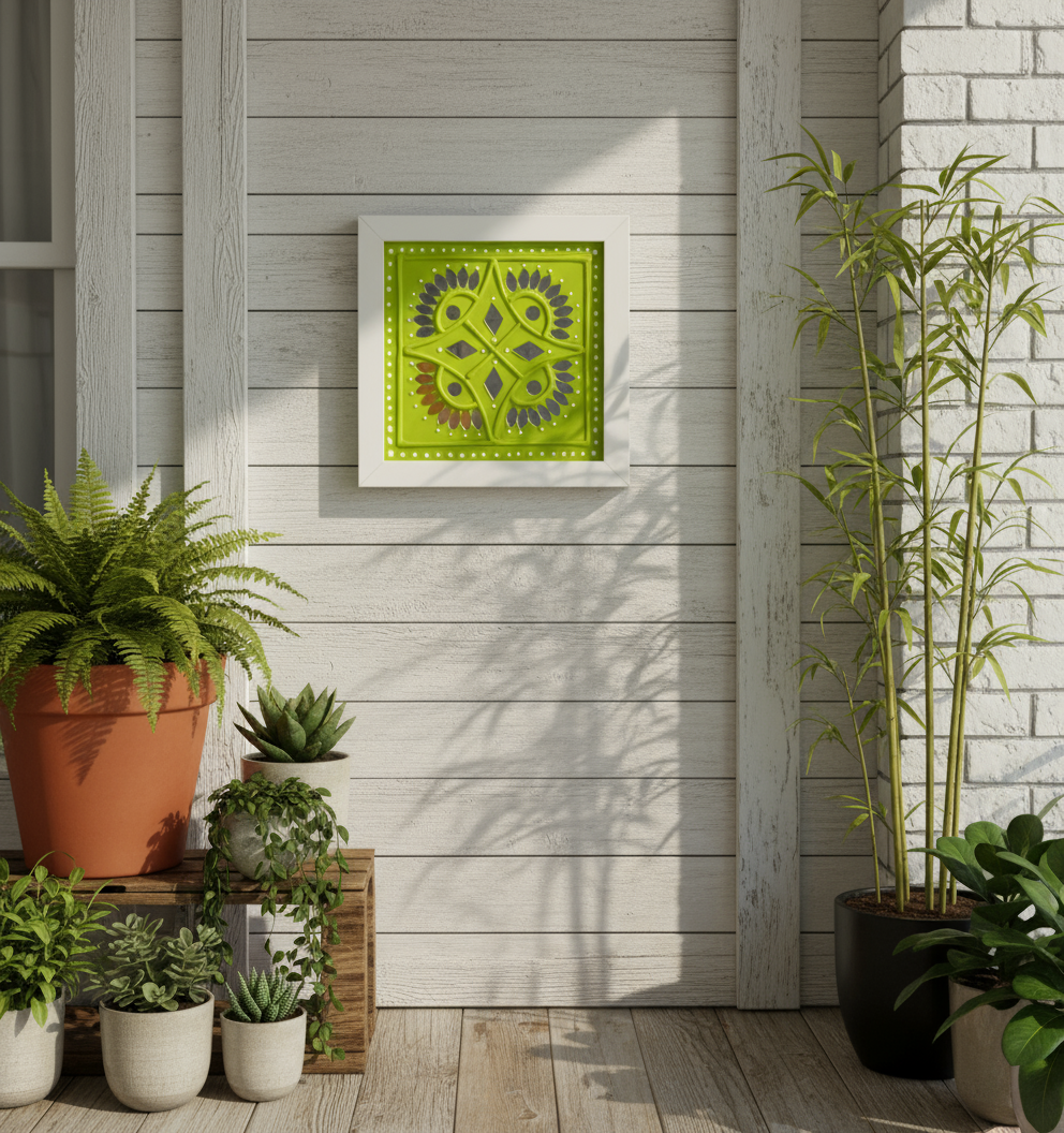 Framed artwork on a wall with potted plants below