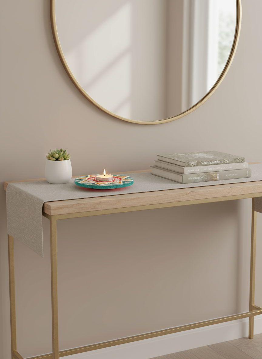 Console table with decorative items against a beige wall