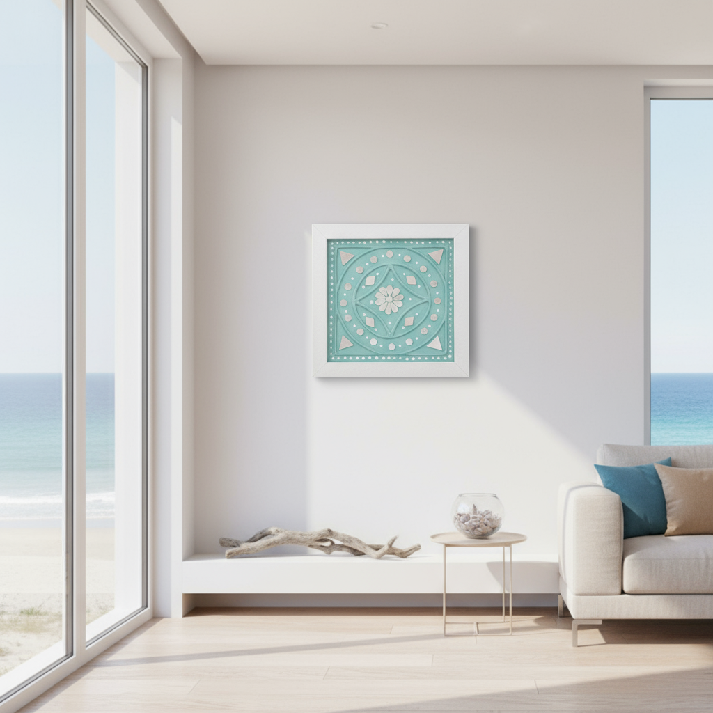Framed artwork on a wall with a view of the ocean through large windows.