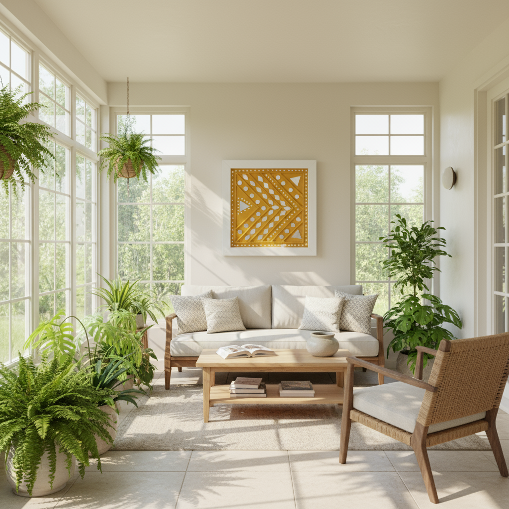 Modern living room with mustard artwork on the wall, a sofa, chairs, and decorative plants.