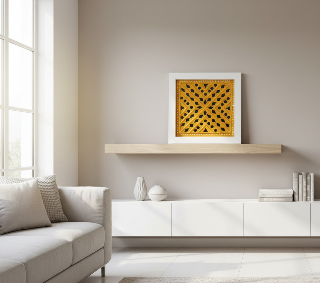 Modern living room with a white sofa, decorative shelf, and framed artwork.