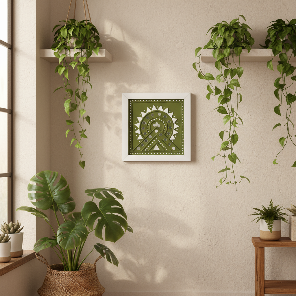 Green framed artwork on a wall with plants in a home setting