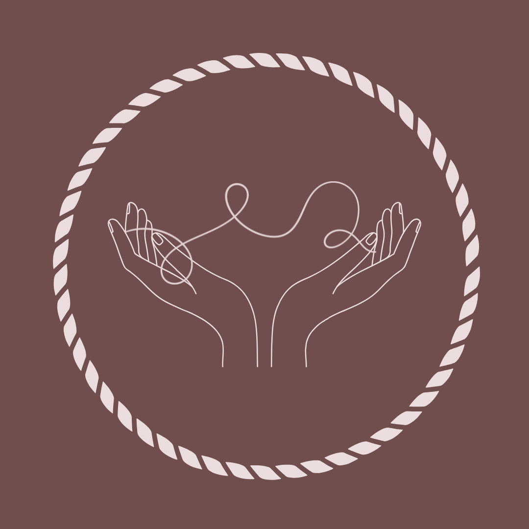 Outline of two hands holding a thread as a symbol for Hand made within a circular frame on a brown background