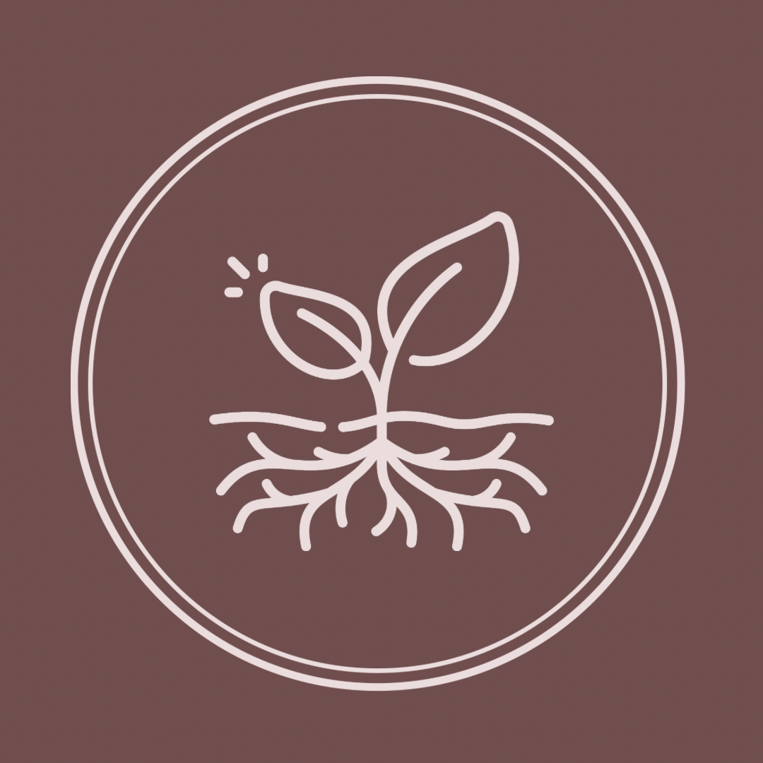 White line drawing of a plant with roots as a symbol for Lineage on a brown background