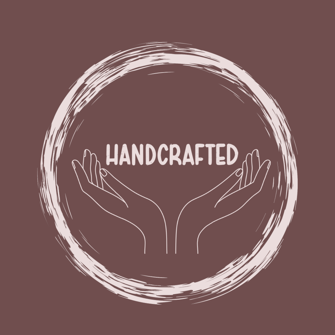 Illustration of hands holding a circular frame with 'HANDCRAFTED' text on a brown background