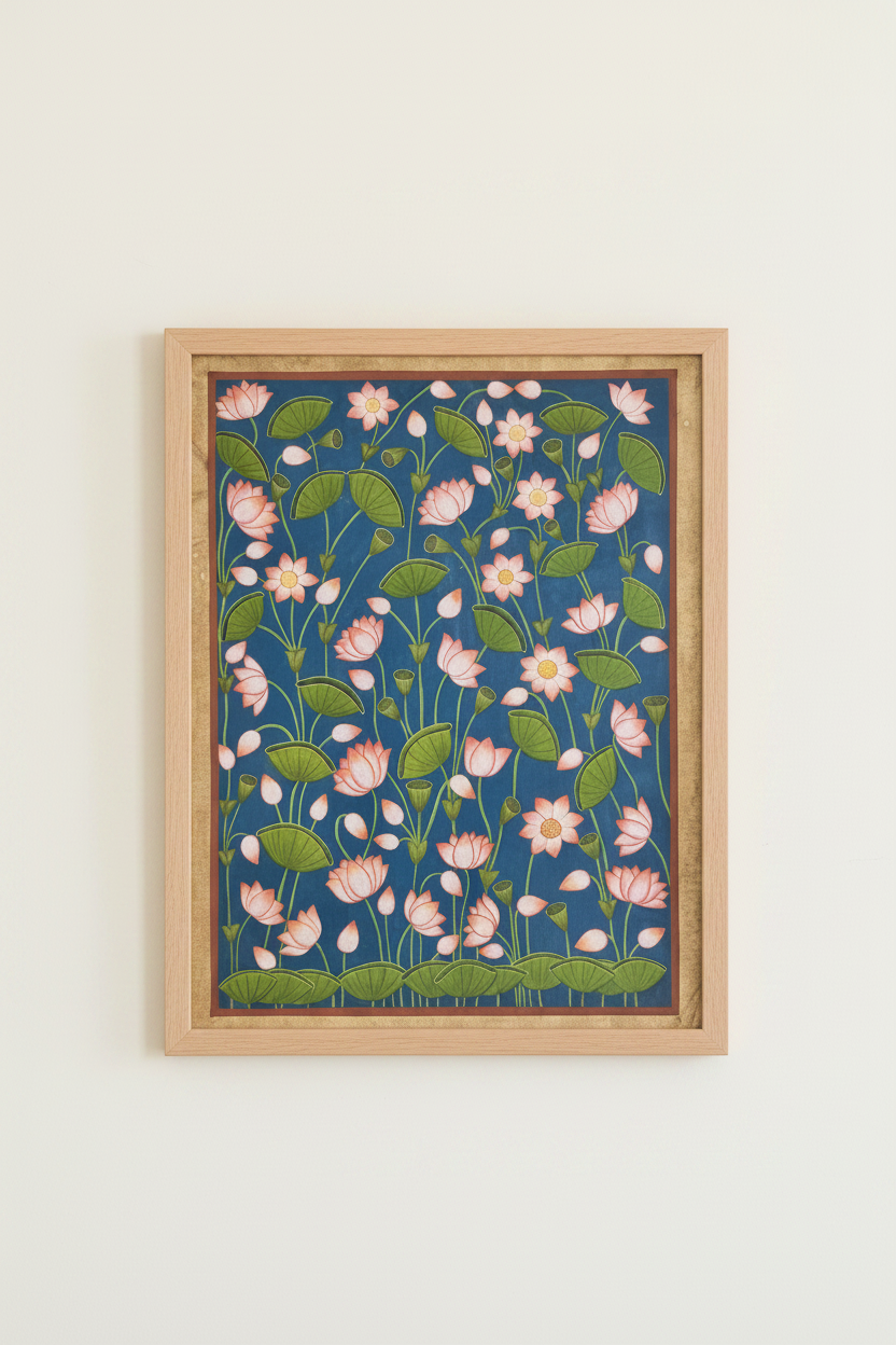 Floral Pichwai painting pink lotuses on a blue background, placed on a light gray surface.