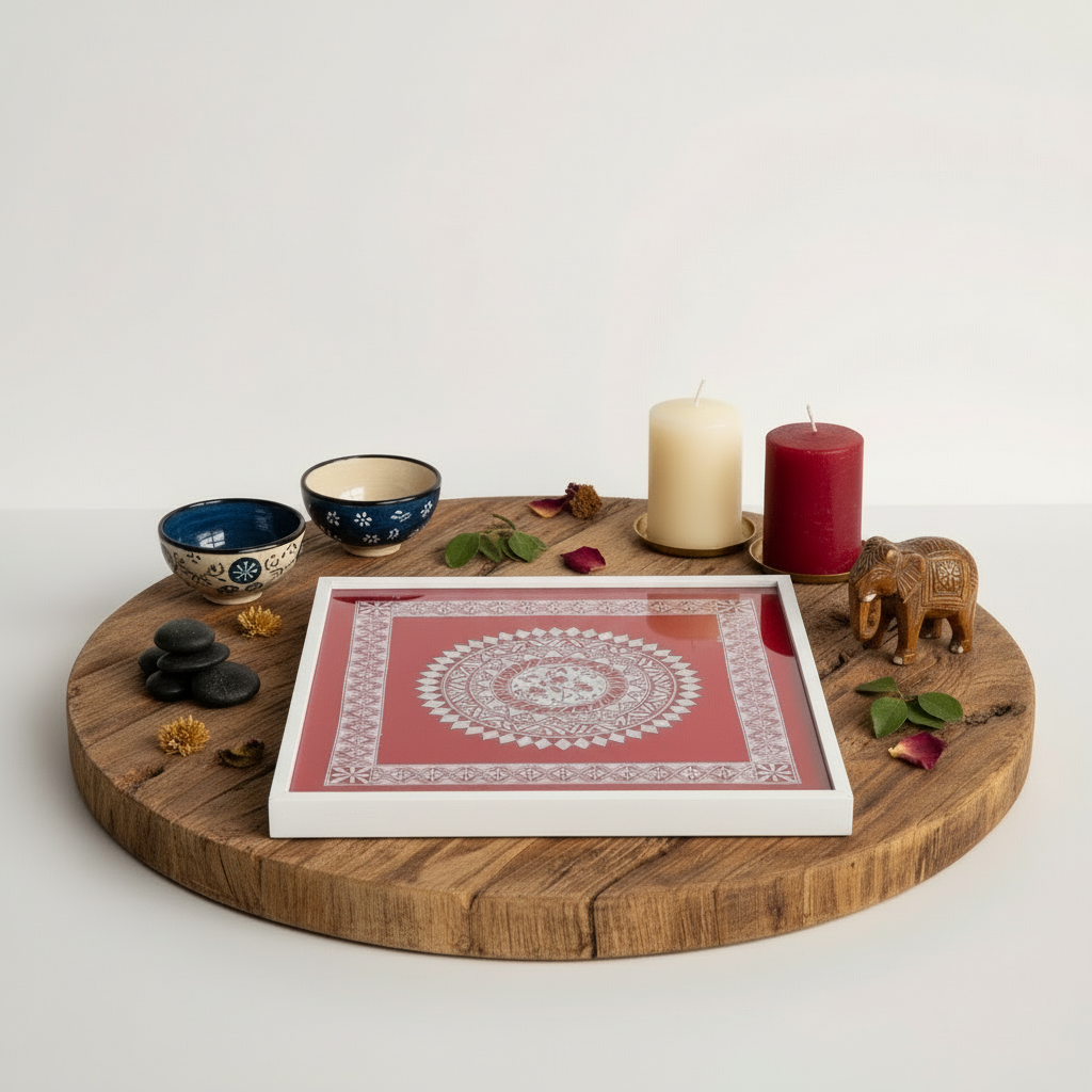 Decorative setup with a framed mandala, candles, bowls, and stones on a wooden board.