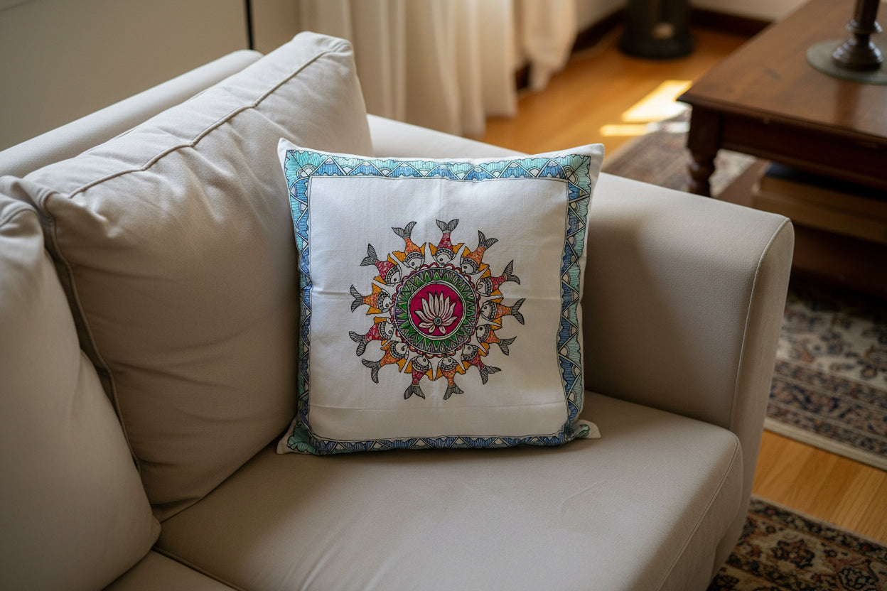 Decorative pillow with Madhubani art lotus painted design on a woven chair
