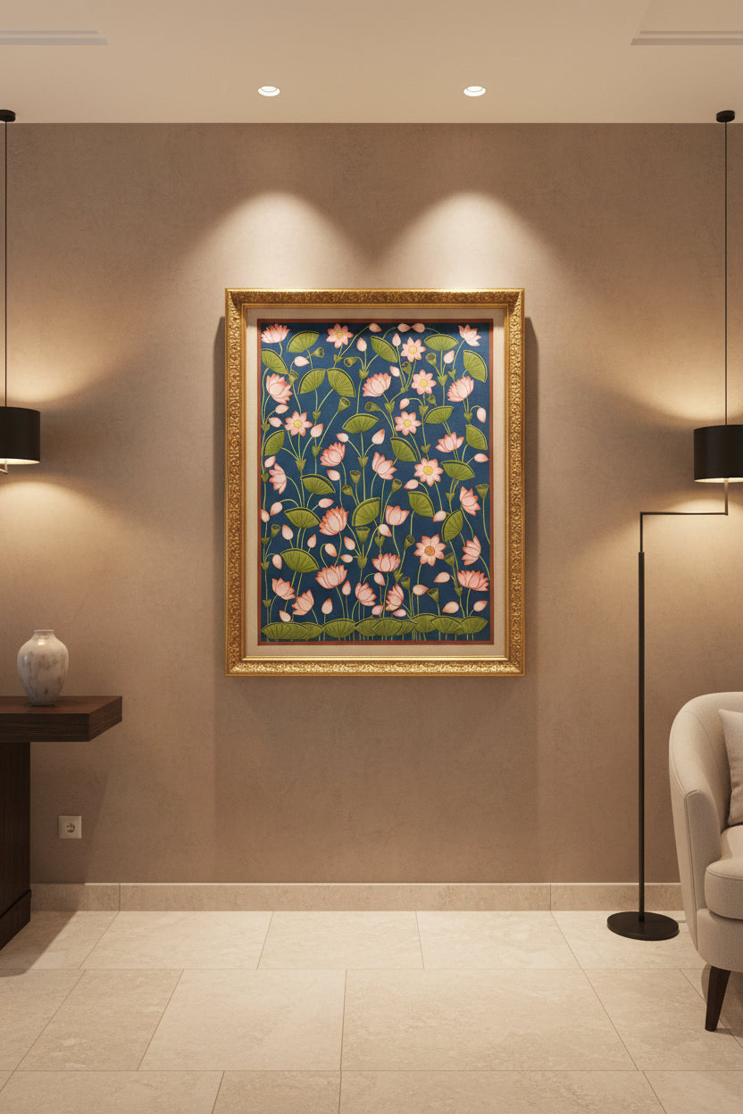 Pichwai Art painting on fabric with pink and green floral pattern on a blue background