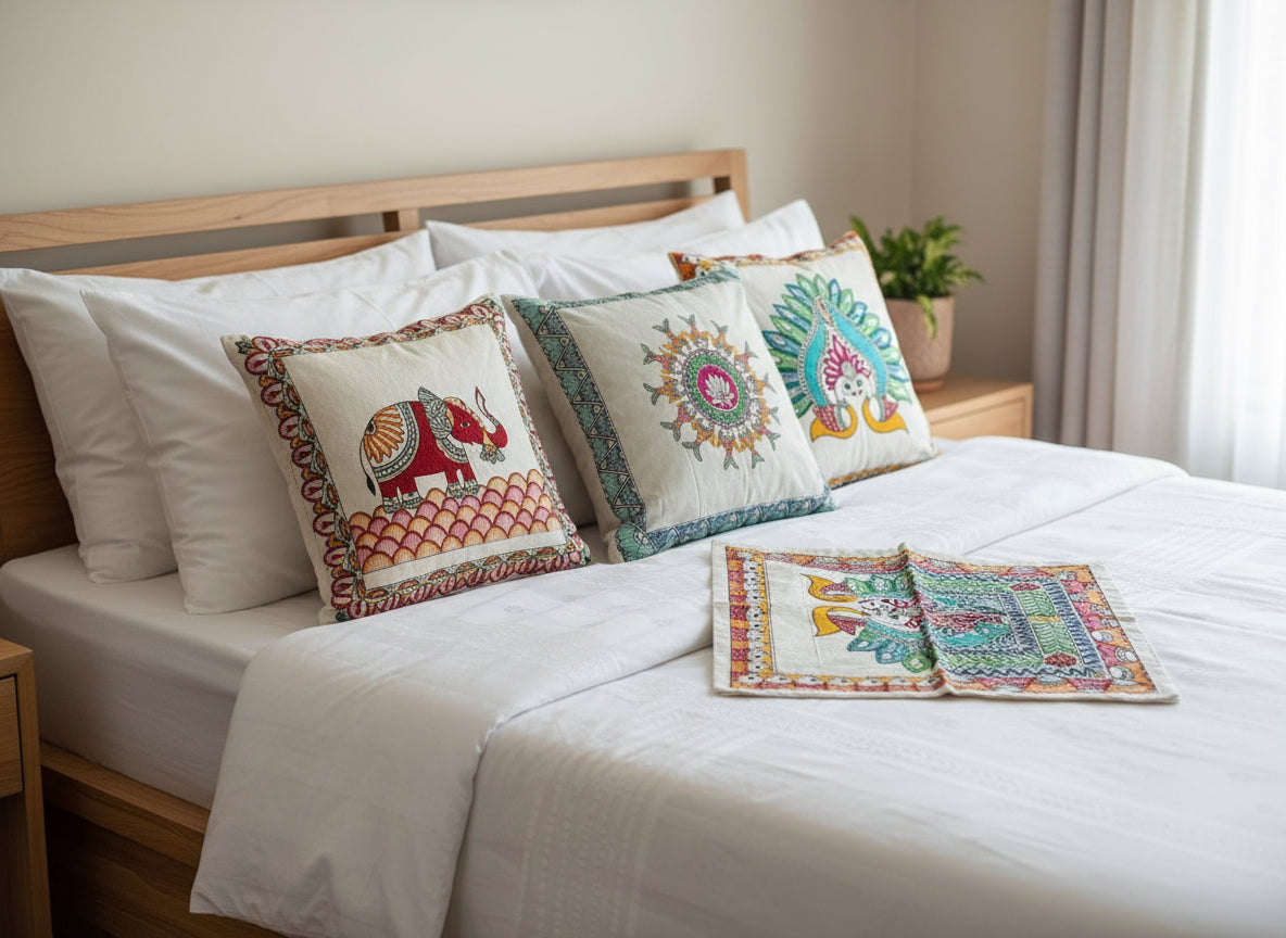 Colorful square cushion covers with Madhubani art painting, on a table with a wooden floor background