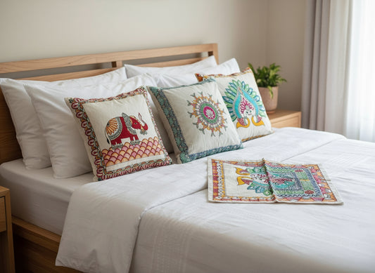 Colorful square cushion covers with Madhubani art painting, on a table with a wooden floor background