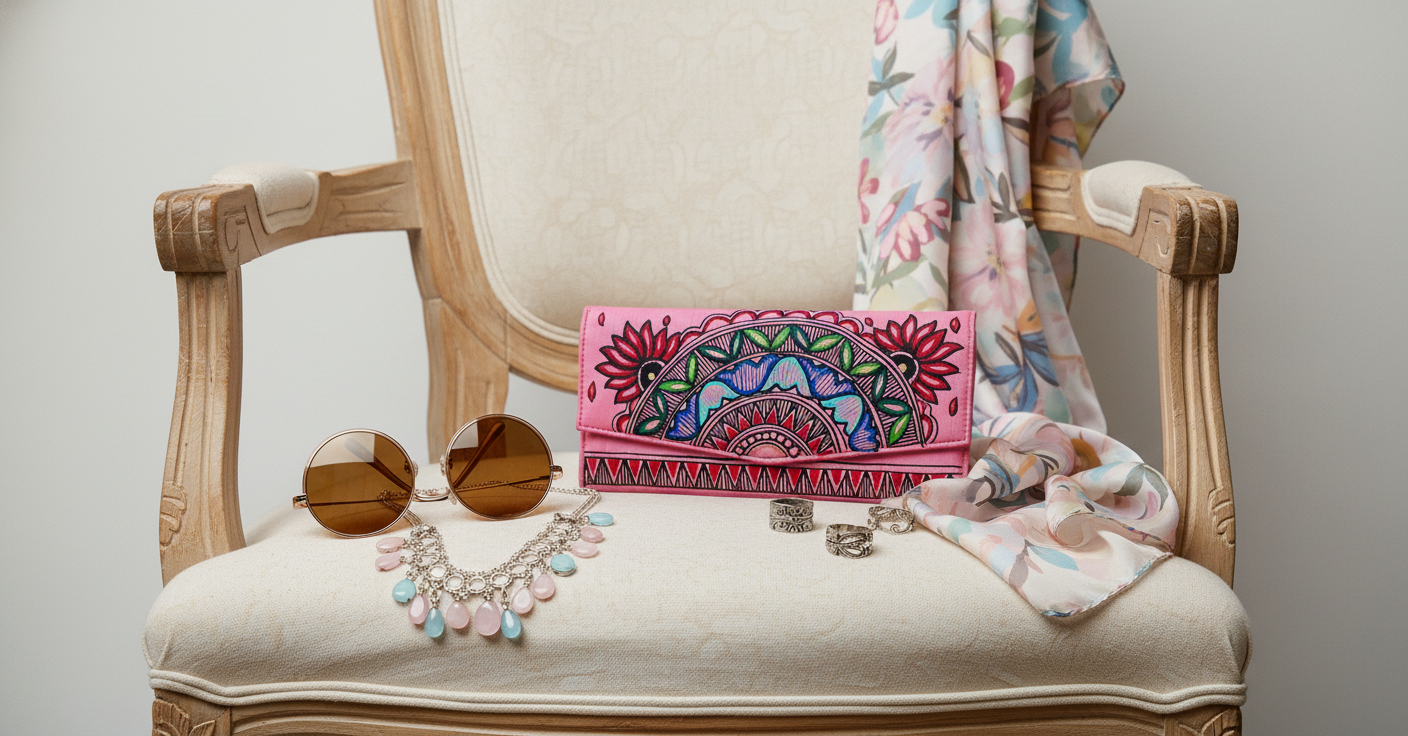 Pink clutch bag with colorful design on a beige chair with sunglasses and jewelry.