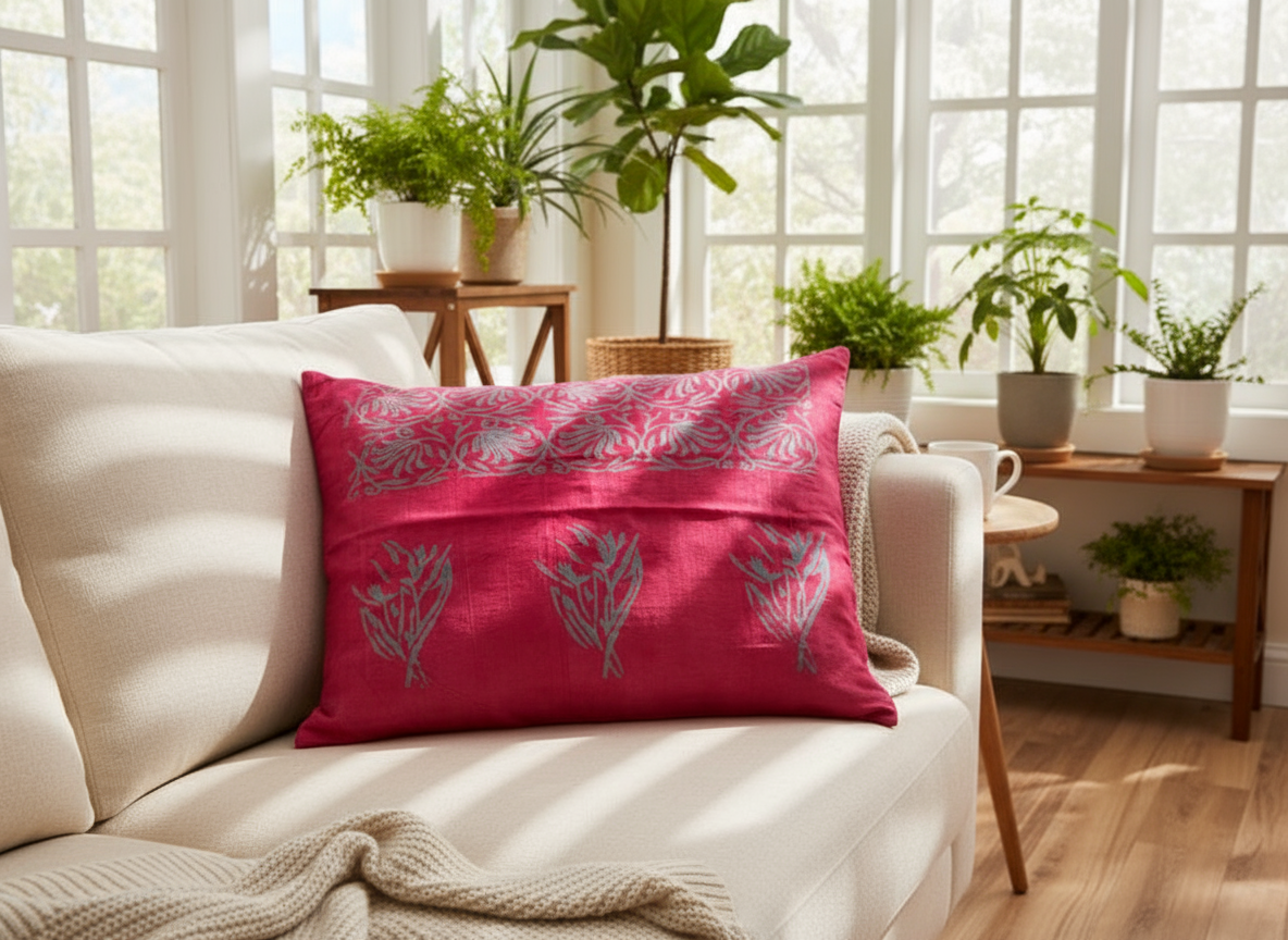 Pink pillow with floral pattern on a beige sofa in a bright living room with plants.