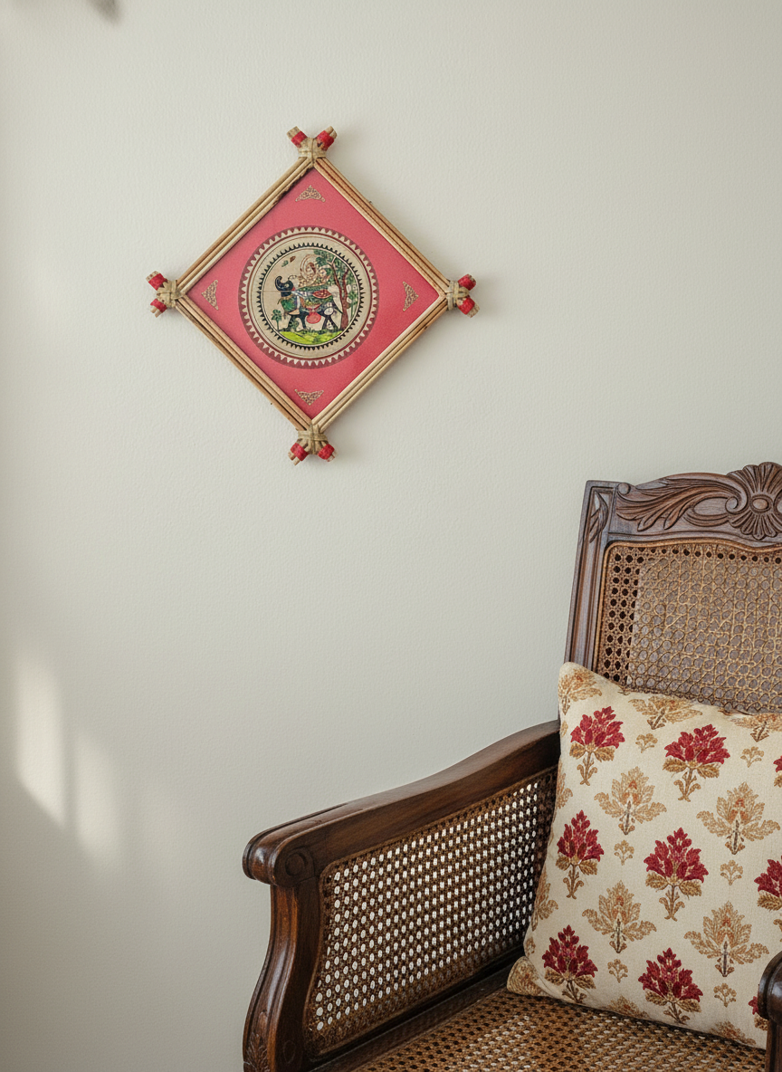 Man on a bull in Pattachitra style on the wall beside a chair