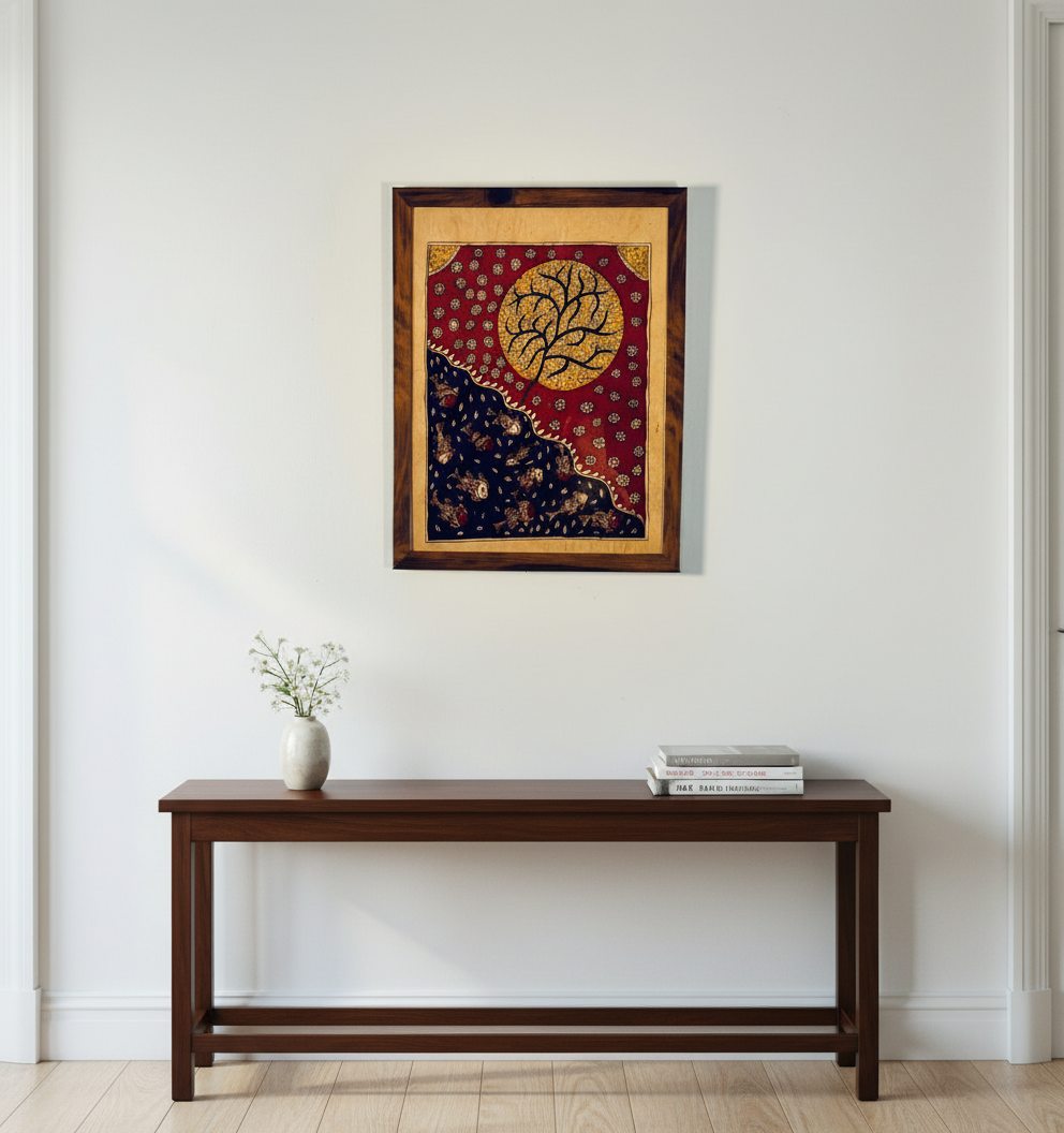 Framed artwork on a wall above a wooden console table with a vase and books.