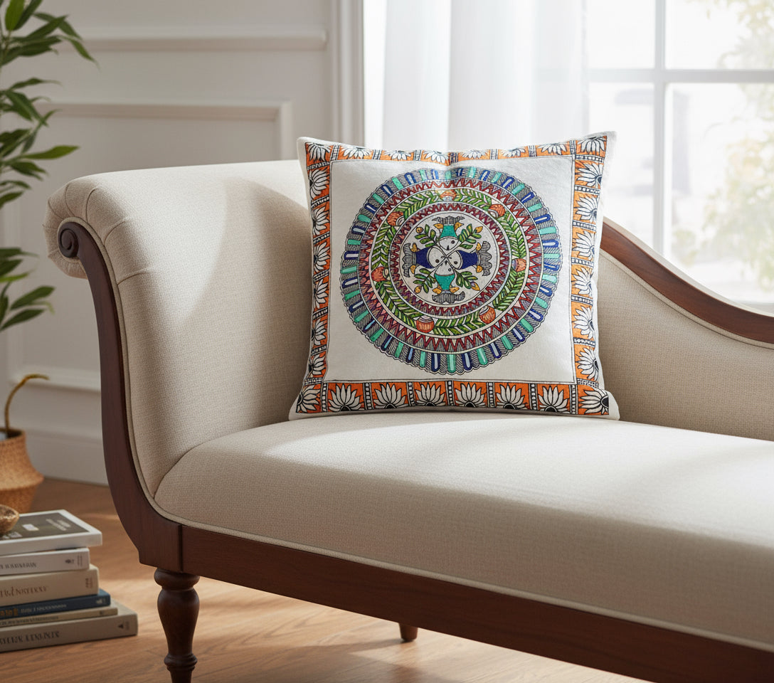 Decorative cushion cover with a colorful circular Madhubani art design and floral border on a wooden surface