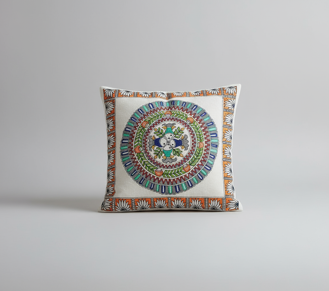 Decorative pillow with a colorful circular pattern on a white background