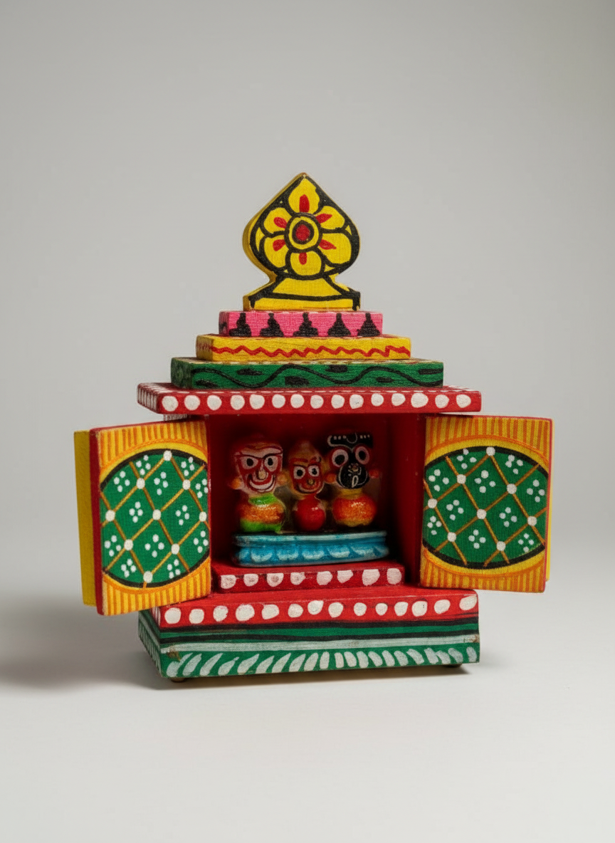 Colorful wooden temple model with intricate designs on a gray background