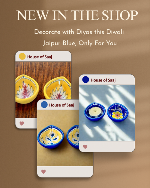Promotional image for Diwali decorations with 'House of Saaj' products on a brown background.