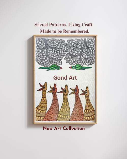 Framed Gond Art with text 'Sacred Patterns. Living Craft. Made to be Remembered.' on a white background