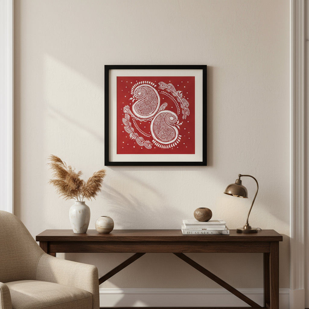 Framed artwork with a white paisley design on a red background