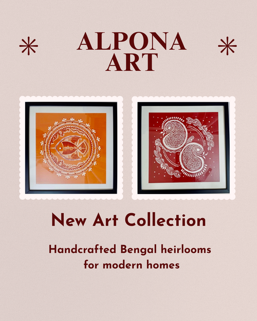 Advertisement for Alpona Art with two framed artworks on a beige background