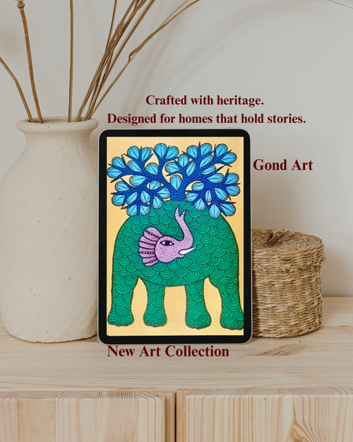 Gond art piece featuring an elephant with blue flowers on a wooden surface.