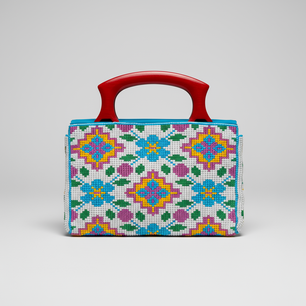 Handbag with colorful floral pattern and red handle on a light gray background