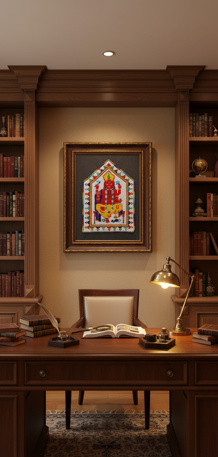 Home office with wooden desk, bookshelves, and a framed artwork on the wall.