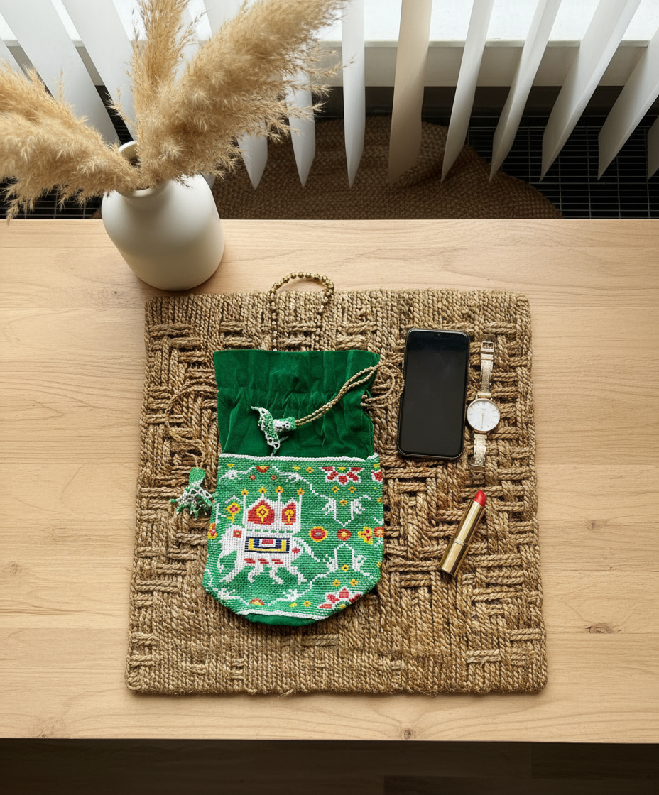 Decorative green Batwa pouch with embroidery on a woven mat with phone, watch, and other items.