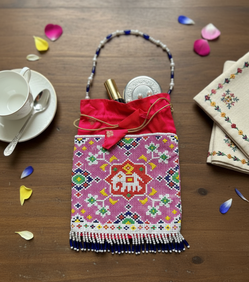 Decorative handbag with colorful patterns on a wooden table with a cup and saucer.