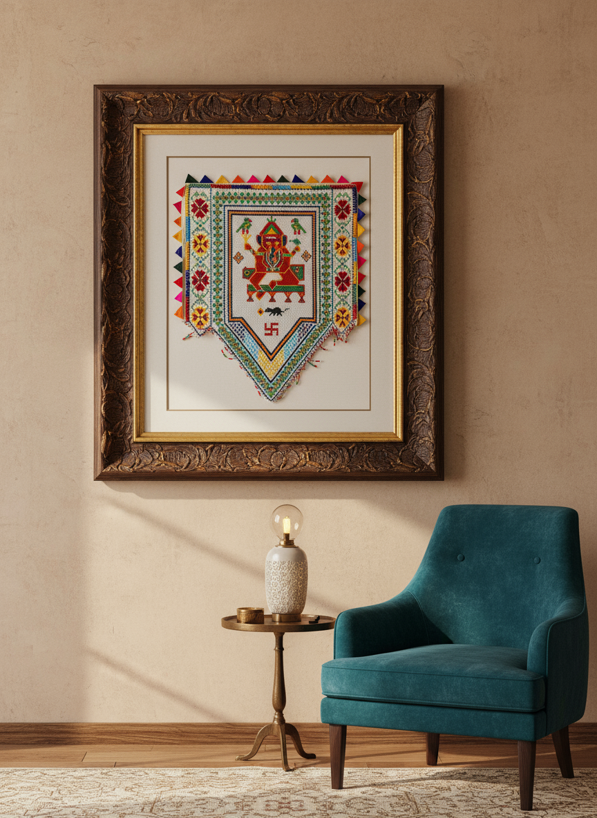 Framed artwork of a deity with colorful patterns on a wall above a teal chair.